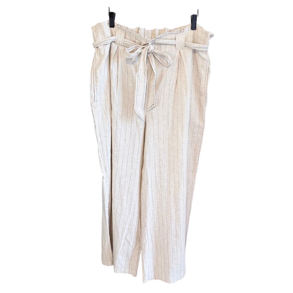 Max studio linen cotton blend natural tan pinstripe pants belted XL pull on